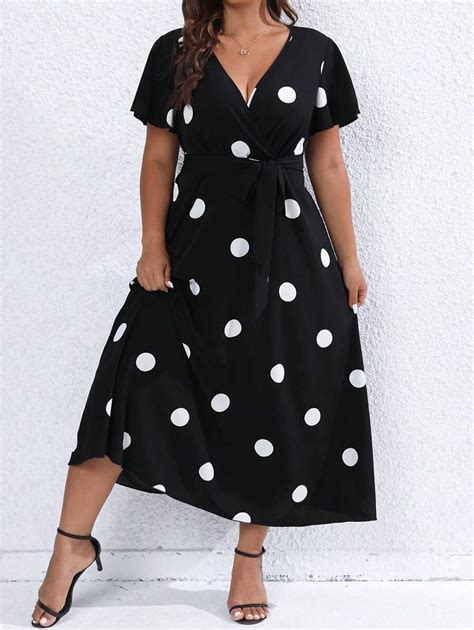 SHEIN Franclia Plus Polka Dot Print Butterfly Sleeve Belted Dress Maxi