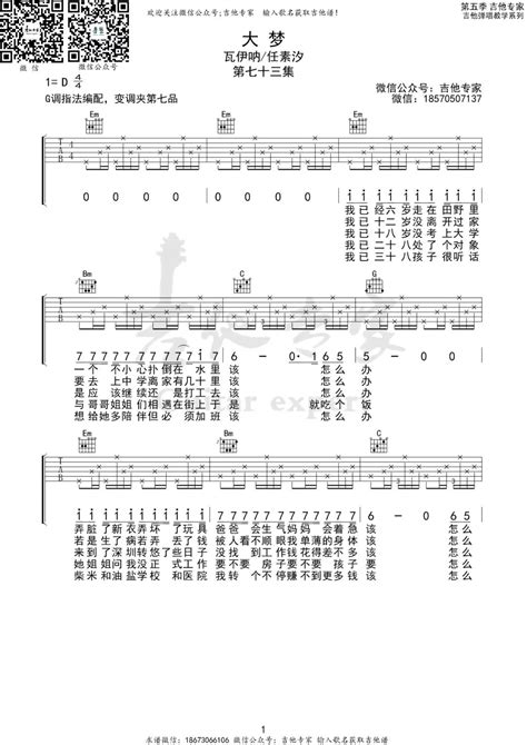 大梦吉他谱瓦依那任素汐 高清g调指法原版编配 民谣吉他网