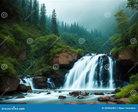 Waterfalls In The Rain Incorporate A Foreground Element Made With