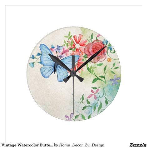 Vintage Watercolor Butterfly Print Round Clock Floral Wall Clocks