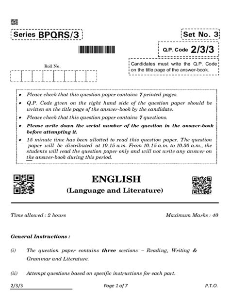 Fillable Online Cbse Class 10 English Language And Literature Bpqrs 3