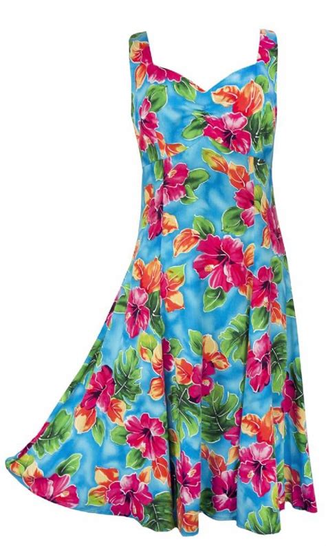 Watercolors Tropical Hawaiian Print Sun Dress Blue Rayon Sun