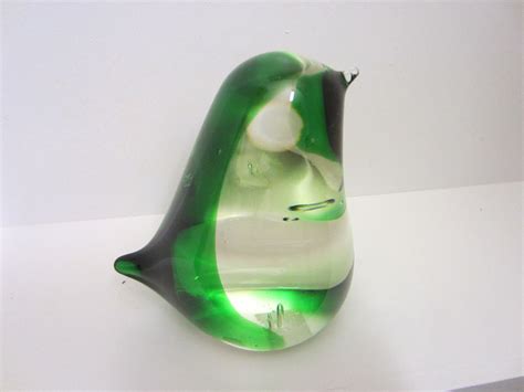 Green Hand Blown Glass Penguin Paperweight Made In Japan Designer
