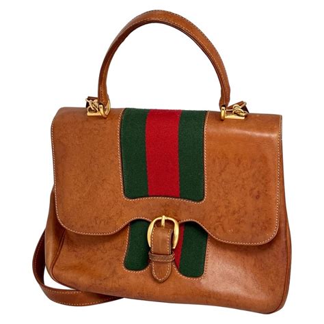 Vintage Gucci Tan Leather Brass Fabric Handbag Estimated Mid 1970s For Sale At 1stdibs