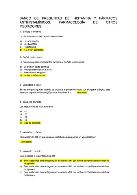 Examen Preguntas Y Respuestas Banco De Preguntas De Histamina