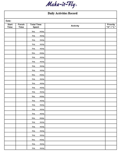 Printable Daily Activity Log Template