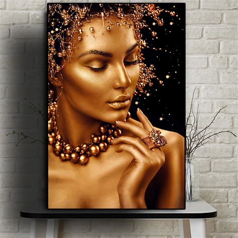 Hermosa Mujer Desnuda Arte Africano Negro Y Dorado Mujer Pintura Al