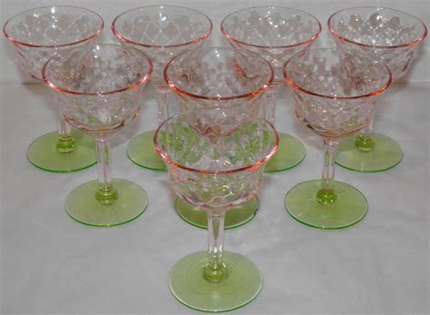 Set Of Watermelon Colored Elegant Glass Pink Green Cordial Goblets