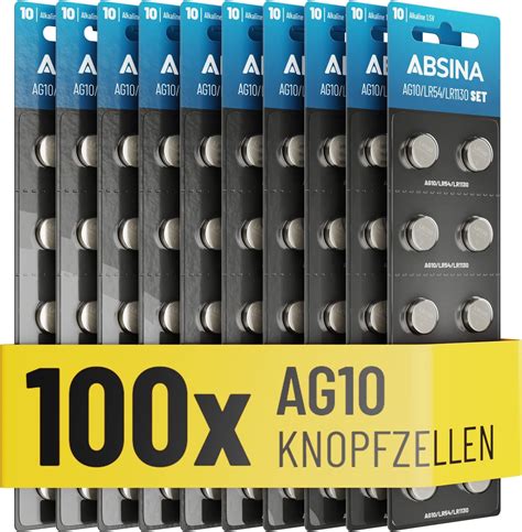 ABSINA AG10 LR1130 Knopfzelle 100er Pack 1 5V Alkaline Knopfzellen