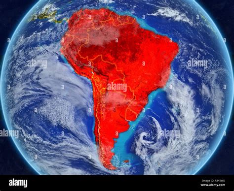 América Del Sur Desde El Espacio Sobre El Modelo Del Planeta Tierra Con Las Fronteras Del País