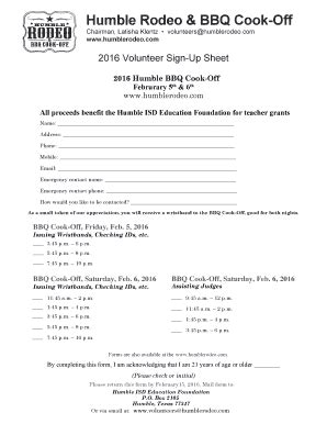 Fillable Online 2016 Humble BBQ Vol Signup Sheet Humble Rodeo BBQ