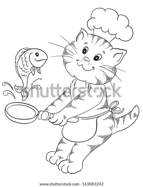 Cartoon Cat Chef Prepares Grilled Fish Stock Vector Royalty Free