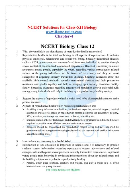 Ncert Solutions For Class 12 Biology Chapter 4 Reproductive Health