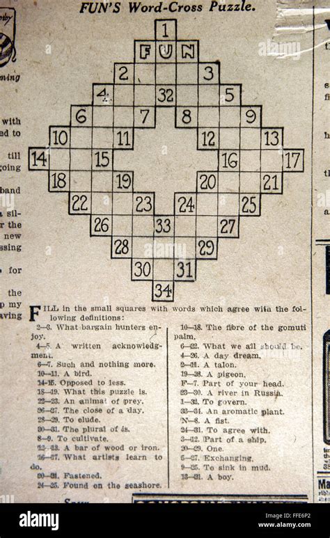 CROSSWORD PUZZLE, 1913. /n'Word-cross puzzle,' the first crossword ...