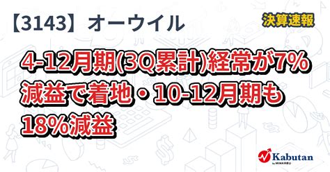 オーウイル【3143】、4 12月期3q累計経常が7％減益で着地・10 12月期も18％減益 決算速報 株探ニュース