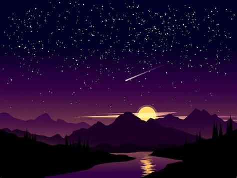 Paisaje Nocturno Con Cielo Estrellado Y Estrellas Fugaces Vector Premium