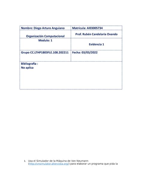 Organización Computacional Evidencia 1 parte 2 Nombre Diego Arturo