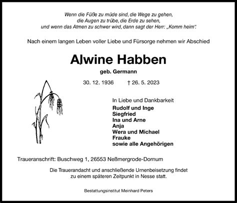 Traueranzeigen Von Alwine Habben Nordwest Trauer De