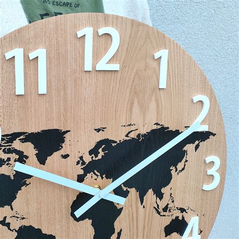 Large Wall Clock Wood Clock World Map Black Silent Modern Clock With Numbers Oak Clock