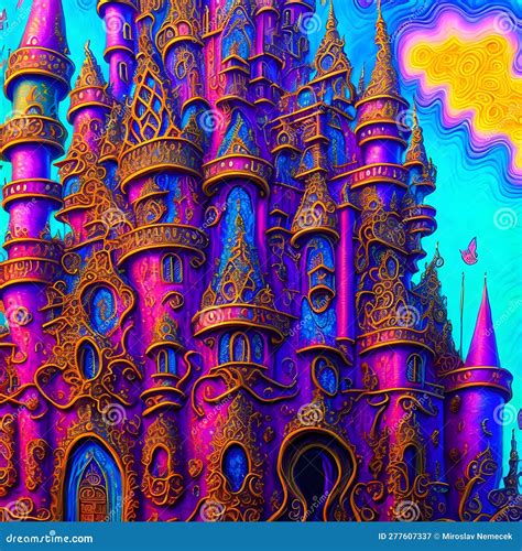 Psychedelic Fantasy Castle Generative AI Illustration Stock