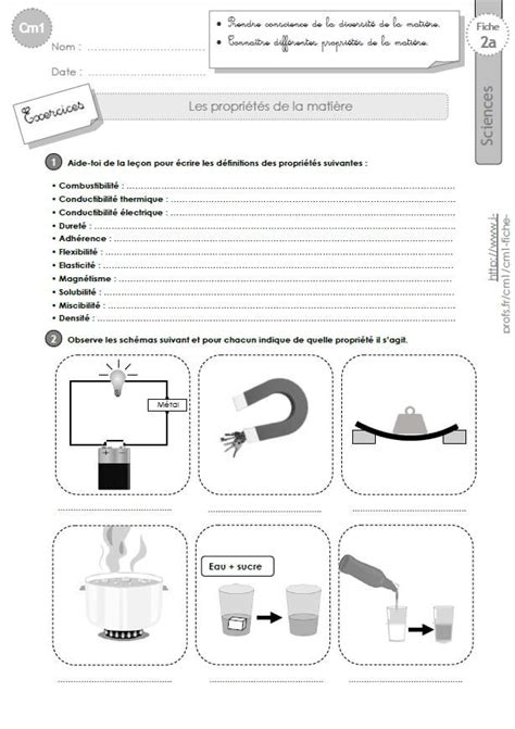 CM1 SCIENCES et TECHNOLOGIE Exercices Propriétés de la matière