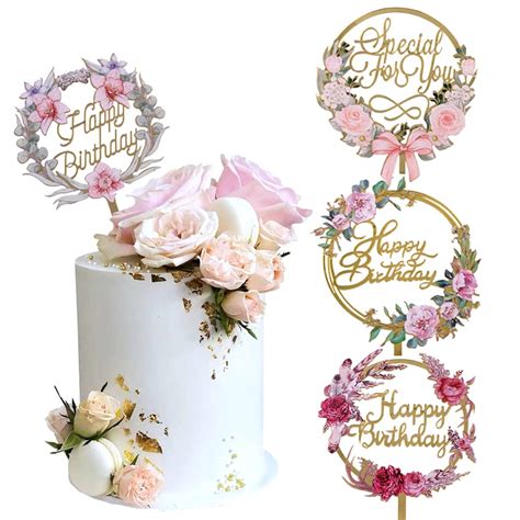 Buy Pcs Gold Flower Acrylic Happy Birthday Cake Topper Cake Decoration