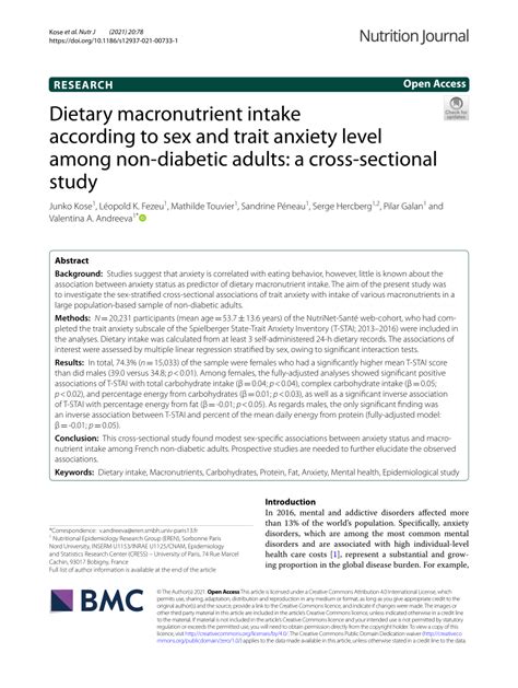 Pdf Dietary Macronutrient Intake According To Sex And Trait Anxiety