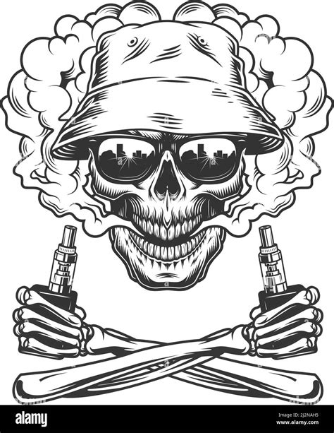 Vintage Monochrome Vaping Concept With Skull Wearing Panama Hat In