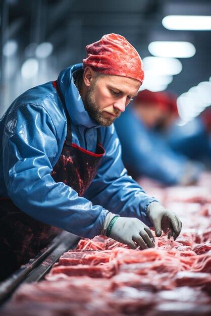 Premium AI Image | People work in a meat cutting factory Meat canteen