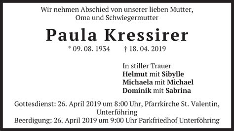 Traueranzeigen Von Paula Kressirer Trauer Merkur De