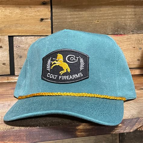 Custom Colt Firearms Curve Brim Rope Stonewash Green Snapback Cap Hat Old School Hats