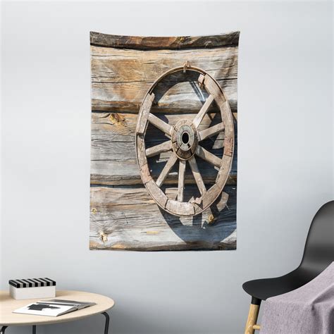 Barn Wood Wagon Wheel Tapestry Old Log Wall With Cartwheel Telega