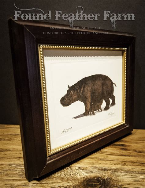 Vintage Framed Hippo Lithograph