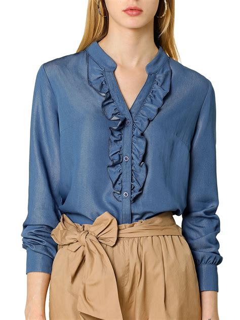 Allegra K Allegra K Women S Button Up Ruffle Front V Neck Shirt Long