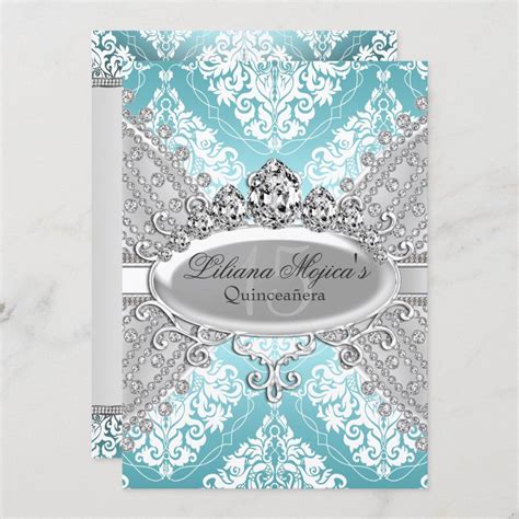 Pretty Silver Blue Damask And Tiara Quinceanera Invitation Zazzle