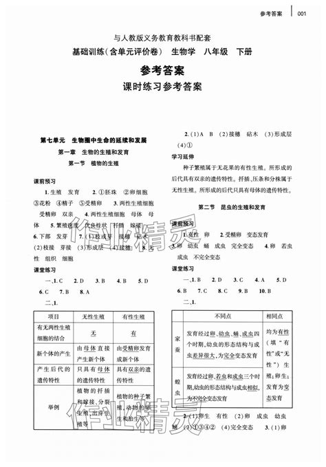 2024年基础训练大象出版社八年级生物下册人教版答案——青夏教育精英家教网——