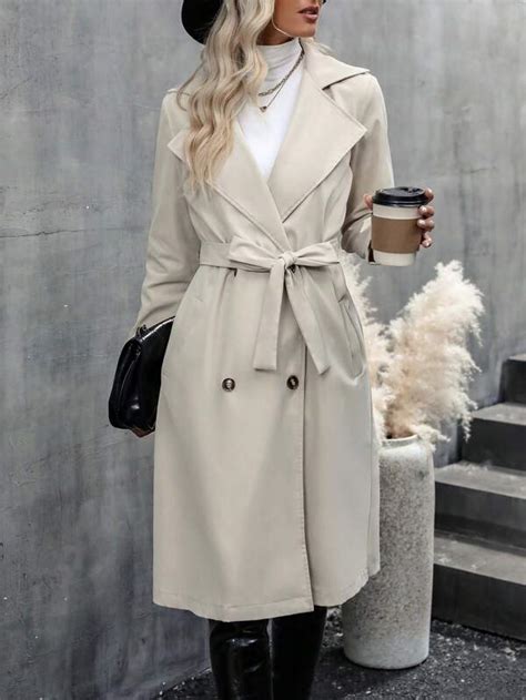 Lapel Neck Double Breasted Belted Trench Coat SHEIN UK