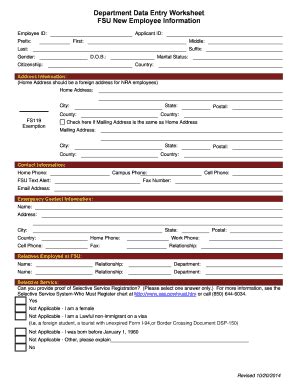 Fillable Online Hr Fsu Department Data Entry Worksheet Hr Fsu Fax