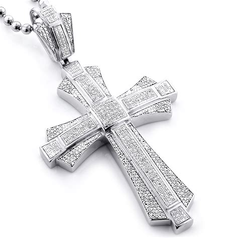 Large Sterling Silver Mens Diamond Cross Pendant 114ct