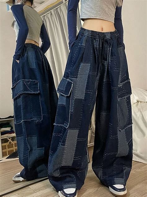 Emmiol Kostenloser Versand 2024 Vintage Blau Karierte Baggy Cargo Jeans