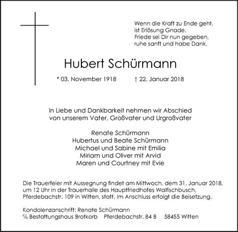 Traueranzeigen von Hubert Schürmann Trauer in NRW de