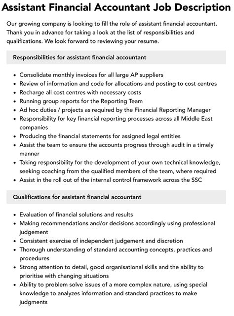 Assistant Financial Accountant Job Description Velvet Jobs