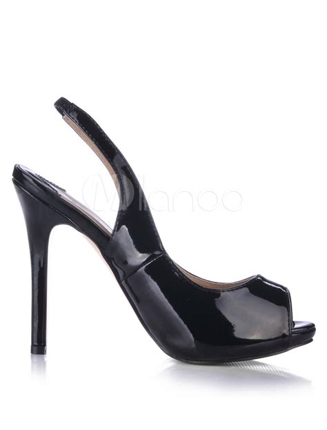 Black Sling Back Peep Toe Patent Leather Womens Shoes - Milanoo.com