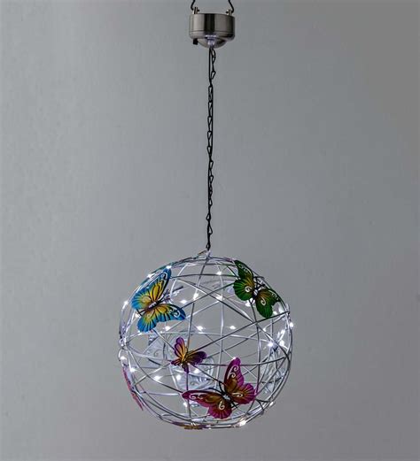 Solar Lighted Hanging Mesh Orb With Colorful Butterflies Wind And Weather