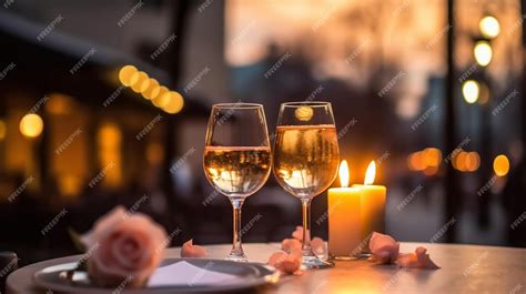 Premium Ai Image Romantic Evening Glass Of Wine And Roses On Table In Cafe Street On Sunset