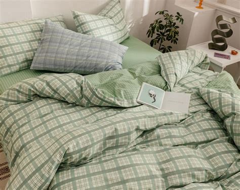 3 Pc Mint Green Plaid Duvet Cover 100 Cotton Bedding Set Plaid Comforter Cover Boho Bedding