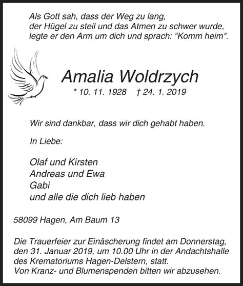 Traueranzeigen Von Amalia Woldrzych Trauer In Nrw De