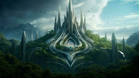 A Futuristic Elven Castle In A Magical Forest Stock Photo At