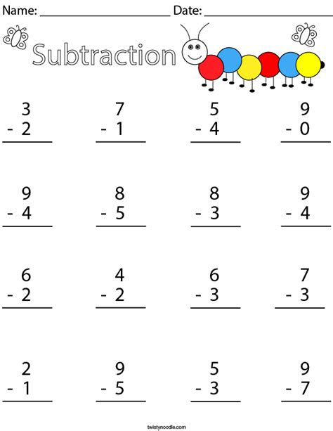 1 Digit Subtraction Math Worksheet Twisty Noodle