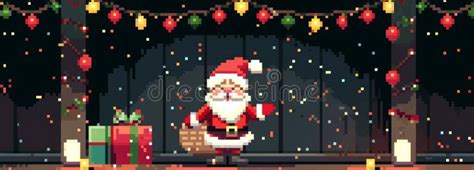 Pixel Art Santa Claus With Gifts And Holiday Lights Stock Image Image